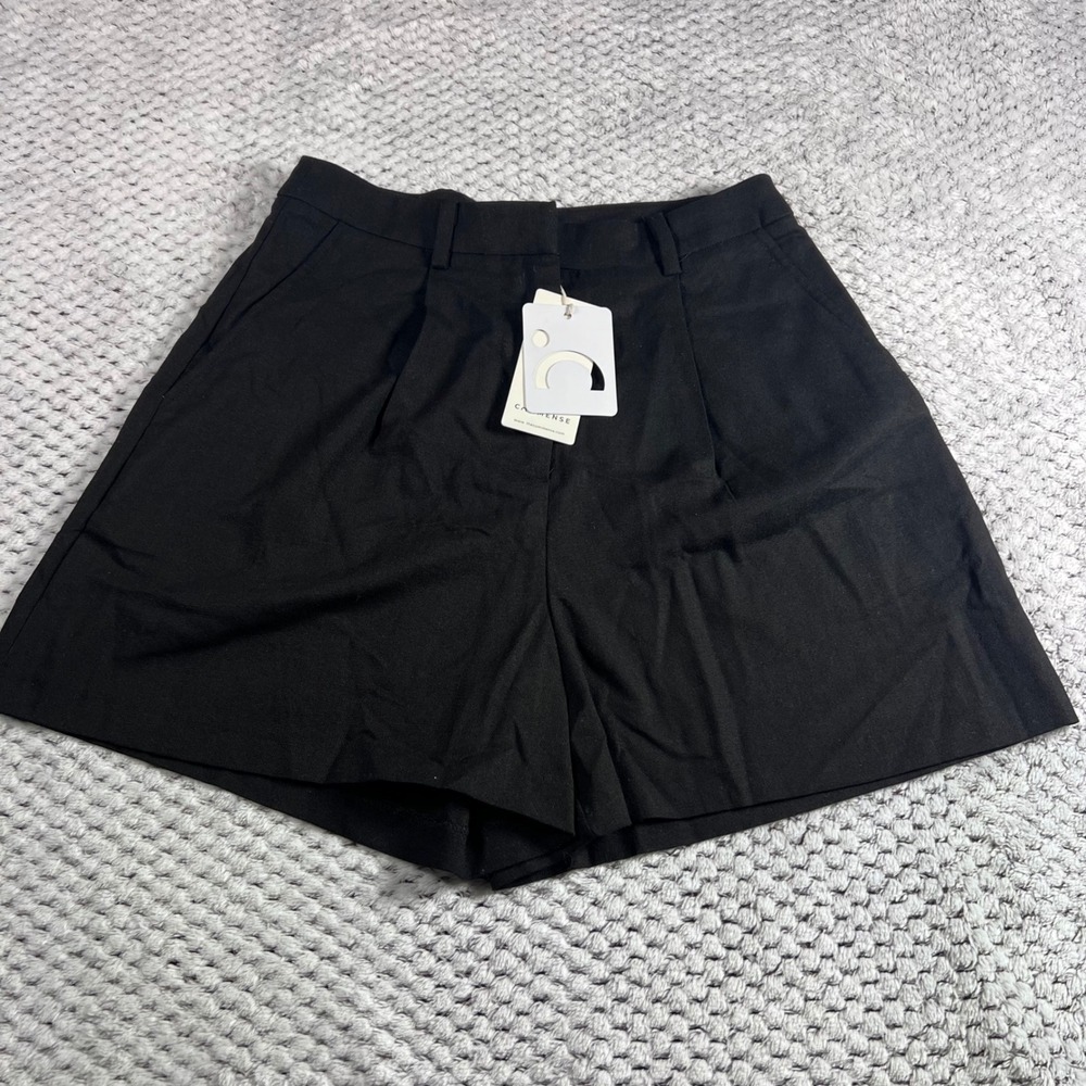 COMMENSE Women's Black Linen Blend High Waisted Pleated Tailored Shorts‎ Size S